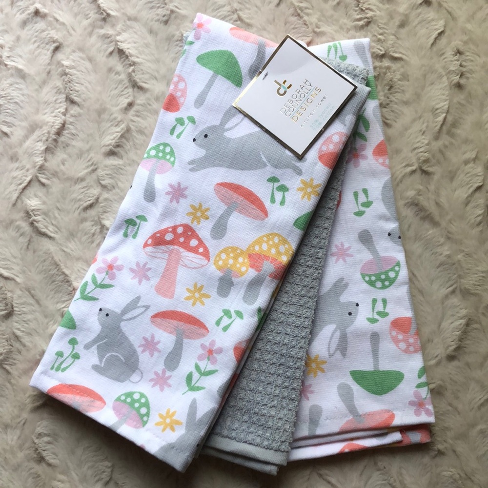 Deborah Connolly MUSHROOMS Bunnies Spring Kitchen Towels